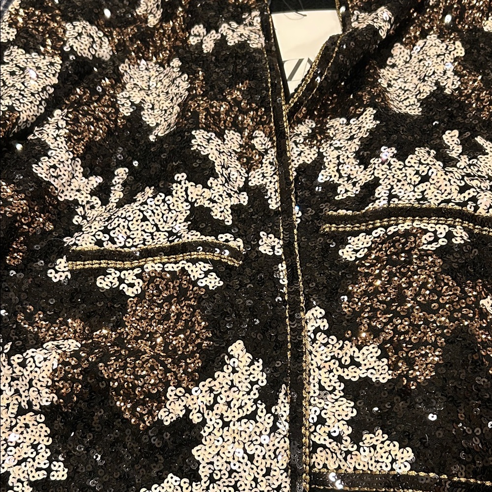 Zara Black, White, & Gold Sequin Open Front Cardigan Size Medium NWT - Picture 3 of 9